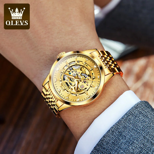 Montre pour homme OLEVS 9920, modèle original de type « squelette », en acier inoxydable massif, étanche et dotée d’éléments luminescents ; montre mécanique automatique de luxe.