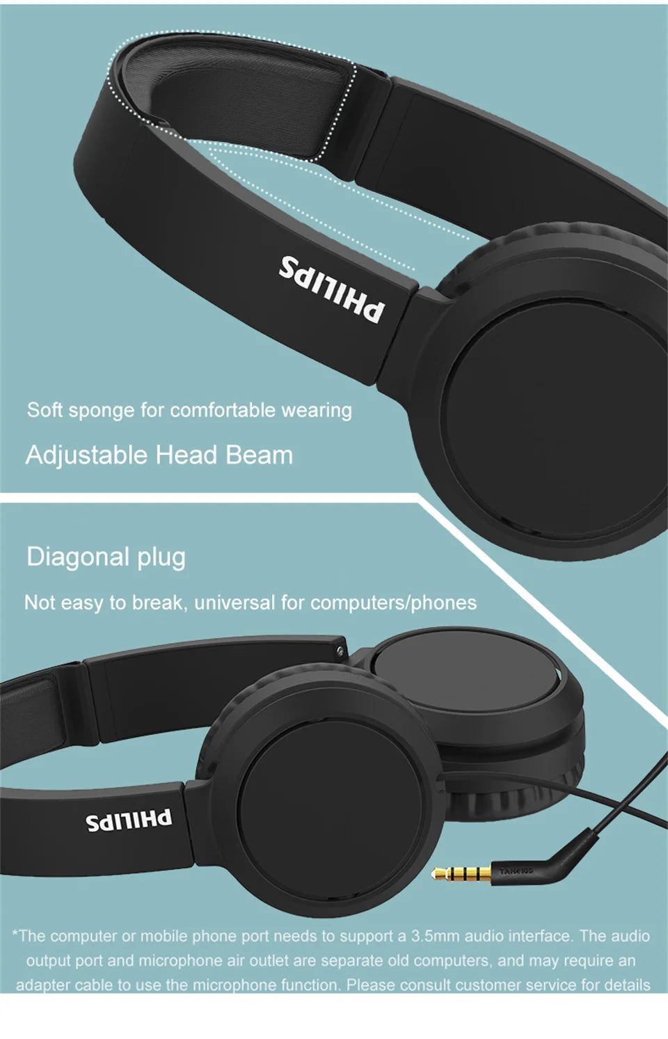 Philips TAH4105 Wired Headphones – HiFi Stereo Deep Bass HD Call Headset with Microphone for Online Learning, Office, Gaming & Sports