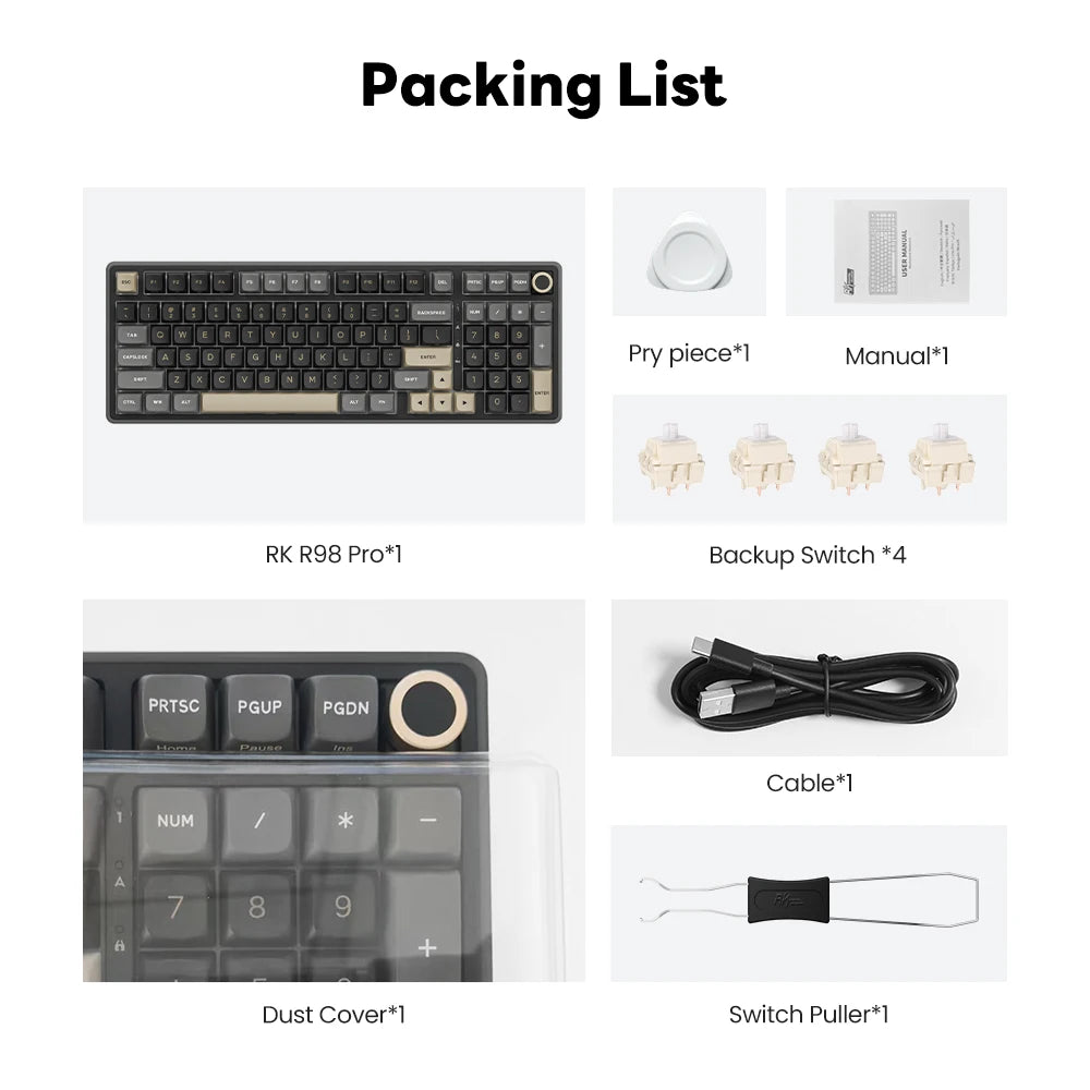 RK ROYAL KLUDGE R98Pro Gasket kabelgebundene mechanische Tastatur, 98 Tasten, RGB, Hot-Swap-fähig, abnehmbarer Button, Gaming-Tastatur mit PBT-Tastenkappen