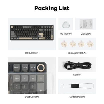 RK ROYAL KLUDGE R98Pro Gasket kabelgebundene mechanische Tastatur, 98 Tasten, RGB, Hot-Swap-fähig, abnehmbarer Button, Gaming-Tastatur mit PBT-Tastenkappen