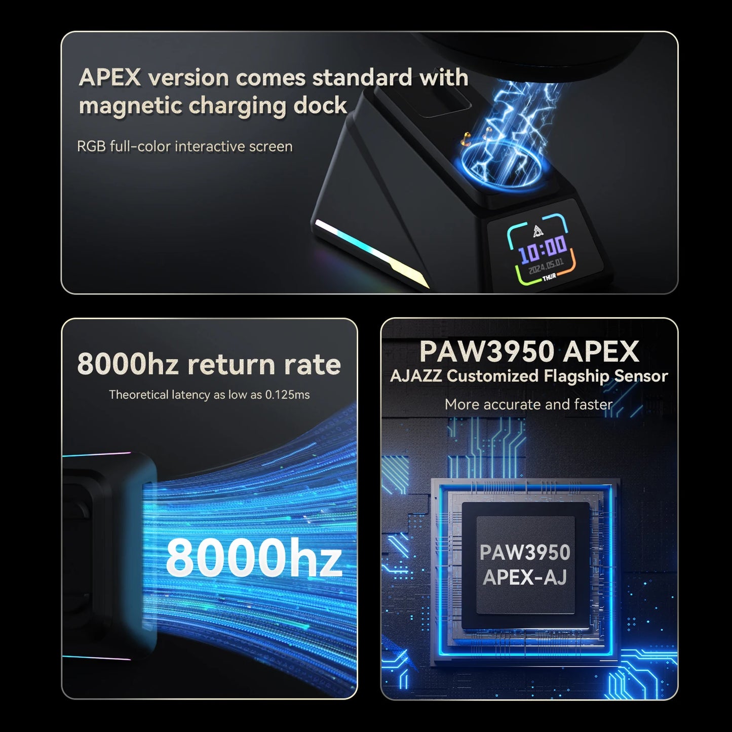 AJAZZ AJ179 APEX Gaming Mouse with Color Screen Dock, Tri-Mode Wireless Gaming Mouse, PAW3950 Sensor, 8000Hz Polling Rate, Magnetic Charging