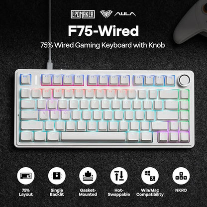 Aula F75 Wired Gaming Keyboard 75% RGB Backlight ABS Keycap Gasket Structure Hot Swappable Office Mechanical Keyboards With Knob
