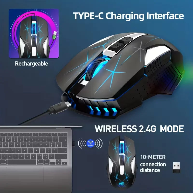 Wireless Gaming Mouse 2.4G Rechargeable Gaming Mouse with RGB Breathing Light, 2400 DPI, 6 Buttons, Instant Response Wireless Mouse for PC, Laptop & Gaming Switch
