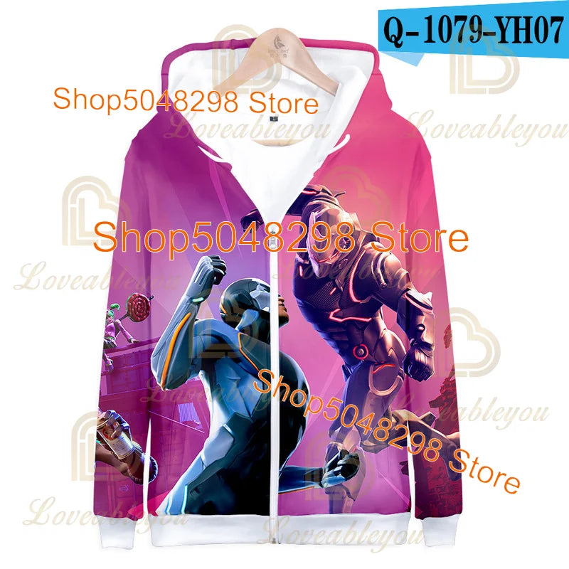 Sweatshirt Fortnite para Adultos e Crianças, Hoodie Infantil com Fecho, Estampado 3D de Jogo, para Rapazes e Raparigas, Estilo Harajuku, Manga Comprida, Roupa para Adolescentes