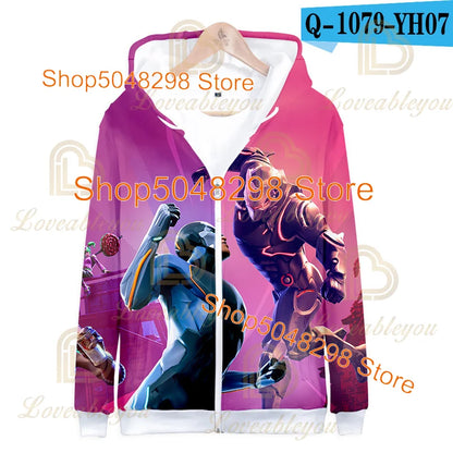 Sweatshirt Fortnite para Adultos e Crianças, Hoodie Infantil com Fecho, Estampado 3D de Jogo, para Rapazes e Raparigas, Estilo Harajuku, Manga Comprida, Roupa para Adolescentes