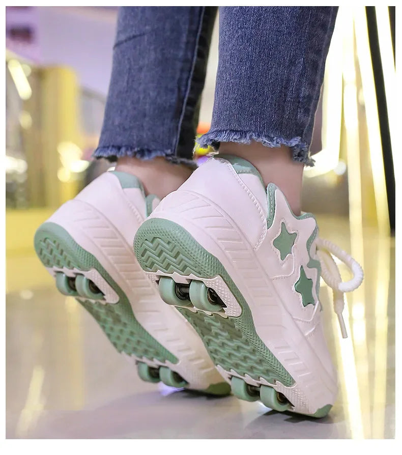 Chaussures de roller pour enfants - Roues rechargeables, couleurs tendance, finition brillante, pour les anniversaires, pour garçons et filles, chaussures décontractées deux-en-un