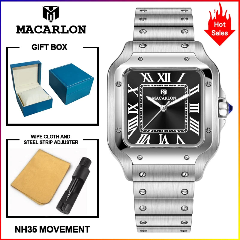 2026 New MACARLON Design 38mm Mechanical Watch Men Sapphire Glass Luminous Stainless Steel Waterproof China NH35 Automatic Watch