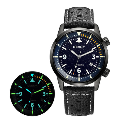 BERNY Men's Automatic Diver Watch Supper Luminous Sapphire AR Coated MlYOTA 8215 Leather Strap Mechanical Diving Watches for Men