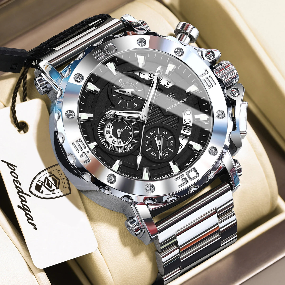 Luxusní pánské hodinky POEDAGAR, s luminiscenčními ručičkami, vodotěsné, chronograf, datum, nerezová ocel, quartz, Reloj