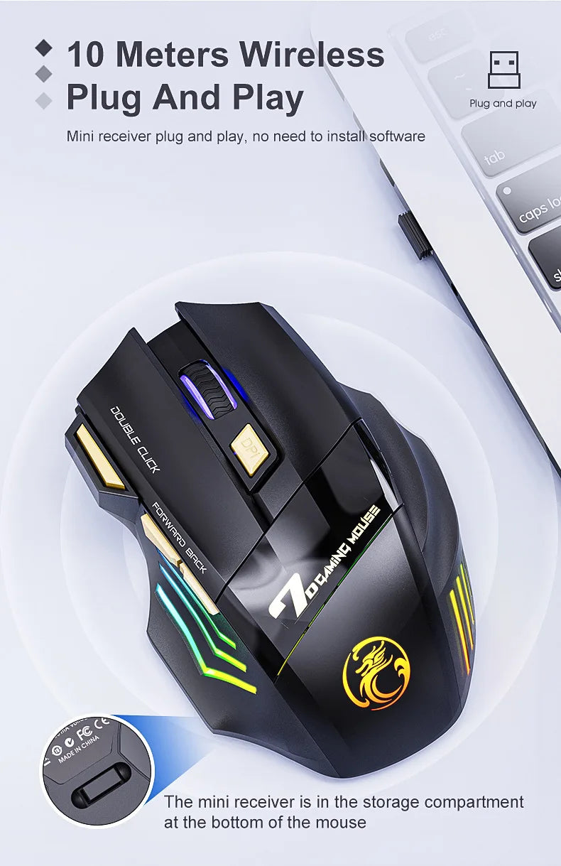 Ratón gaming inalámbrico USB IMICE GW-X7 3200DPI de doble modo, recargable, 7 teclas, 2.4Ghz, silencioso, Bluetooth, LED de respiración de 7 colores