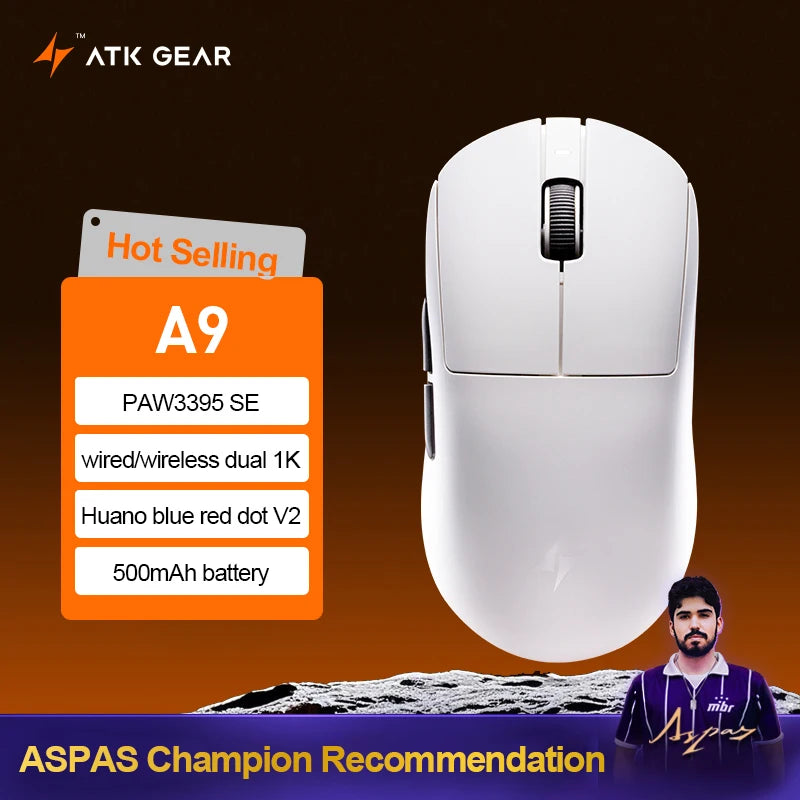ATK Dragonfly A9 Ultra Wireless Gaming Mouse, Ultra-Lightweight Tri-Mode Ergonomic Gaming Mouse with Dual 8K Polling Rate, PAW3395/3950 Sensor
