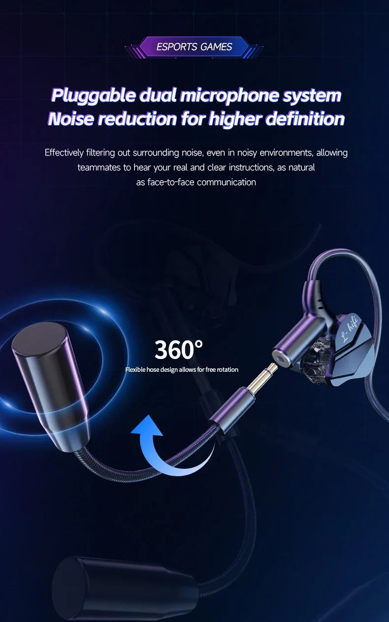 Gaming Earbuds with Dual Microphones, HiFi Stereo Gaming Headset Type-C & 3.5mm Wired In-Ear Earphones, Noise Reduction Gamer Headphones with Mic for Samsung