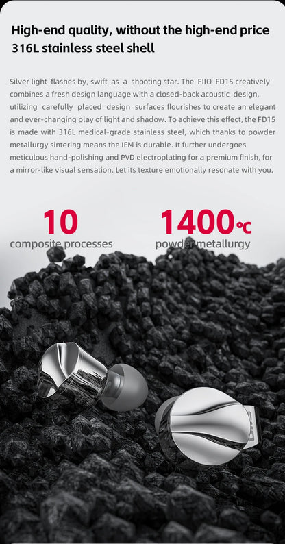 FiiO FD15 13.8mm DLC Dynamic Driver In-Ear Earphone Hi-Res Audio Magnalium Detachable MMCX Cable Wired HiFi Earbuds Shanling