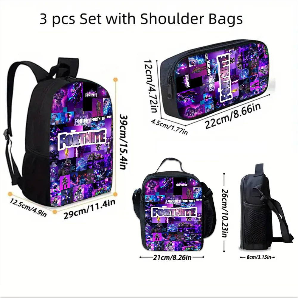 Mochila Escolar Infantil com Lancheira e Estojo, Design de Jogo Popular F-FortniteS, Mochila Escolar para Rapazes e Raparigas, Presente Ideal