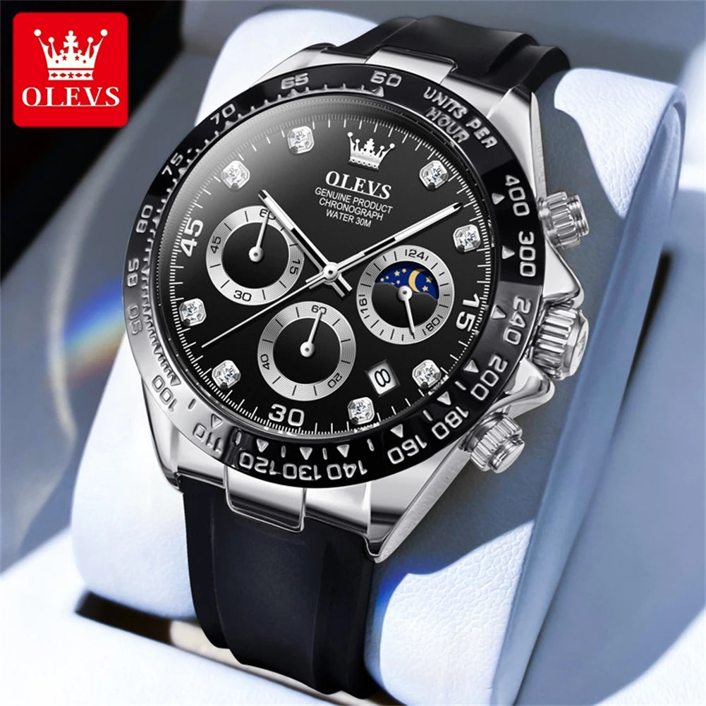 OLEVS 2875 Quartz Watch for Men Original Luxury Brand Silicone Strap Chronograph Auto Date Waterproof Moon Phase Sport Man Watch