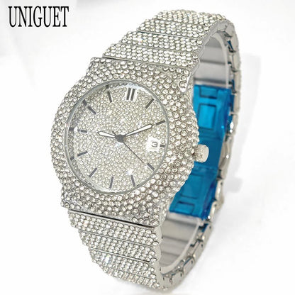 2025 UNIGUET Men's Fashion Iced Watches Luxury Hip Hop Full Diamond Jewelry Quartz Waterproof Business Wrist Watch for Men New