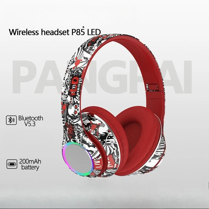 P85 Bluetooth 5.3 Wireless Headphones Over Ear Gaming Headset with Microphone, LED Light Foldable Bluetooth 5.3 Headphones, FM Radio & Noise Cancellation