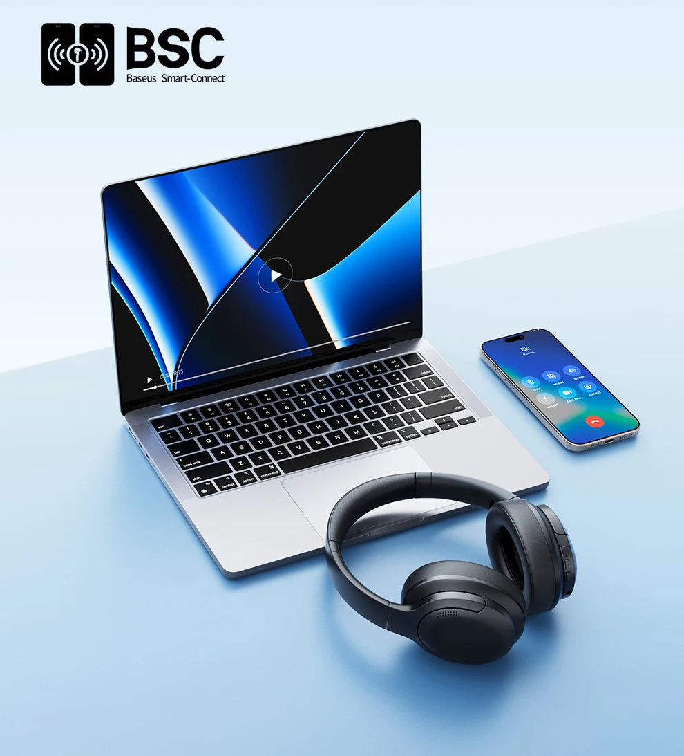 Baseus BH1 Lite Bluetooth 6.0 Wireless Headphones with Super Bass, ENC Clear Calls, 80H Playtime, Over Ear Headset for Gaming & Music