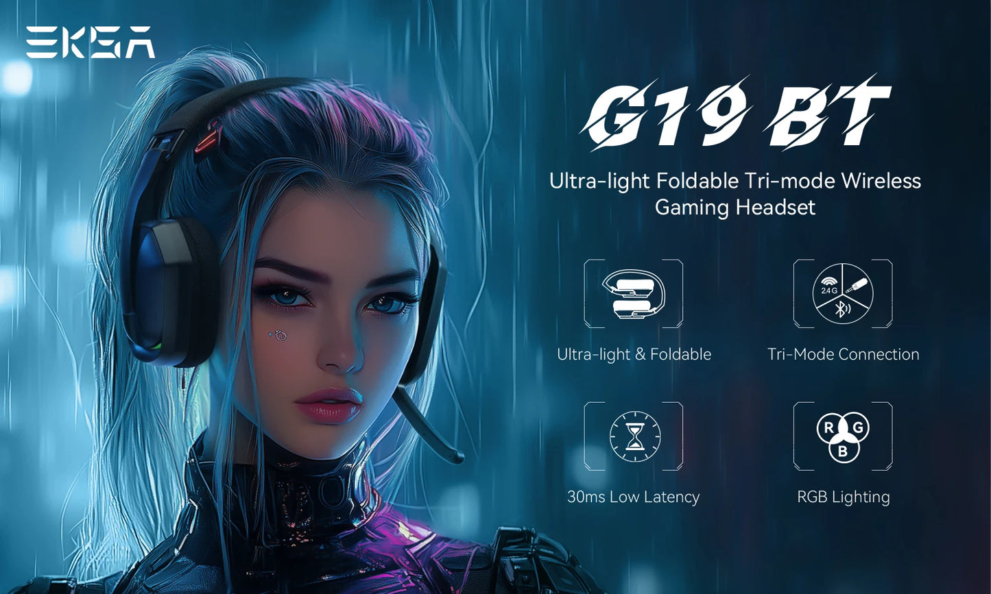 EKSA G19BT Tri-Mode Wireless Gaming Headset – Bluetooth 5.4, 2.4GHz Low Latency Gaming Headphones with Microphone for PC, PS5, Xbox