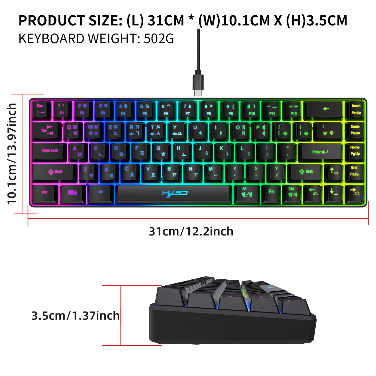 68-Tasten-Gaming-Tastatur, USB-kabelgebunden, tragbar, 20 RGB-Hintergrundbeleuchtungen, koreanische Tastatur für Windows-Laptops und Computer