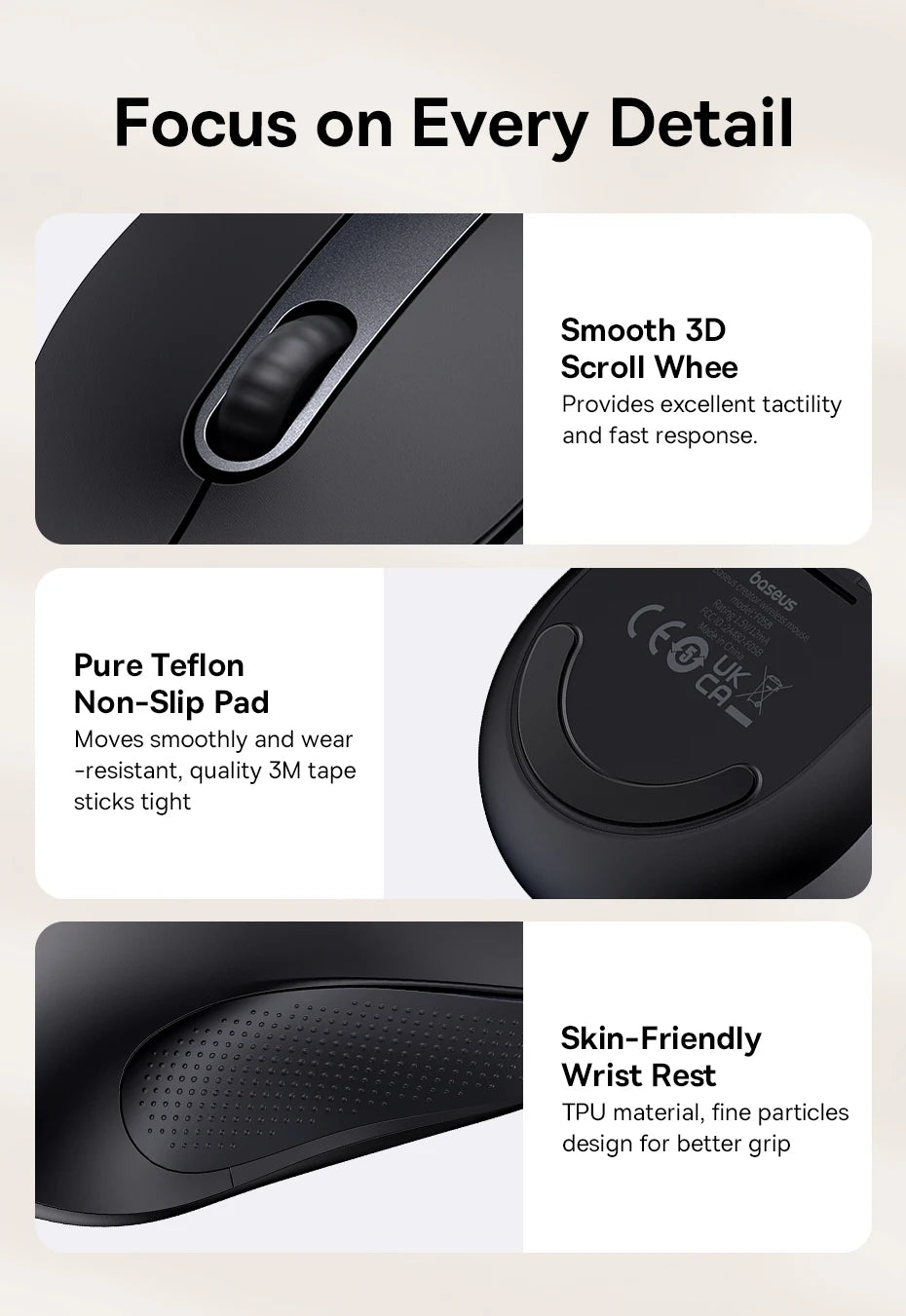 Baseus F02 Ergonomic Wireless Mouse with Bluetooth 5.2, 2.4G, 4000 DPI & 7 Silent Buttons