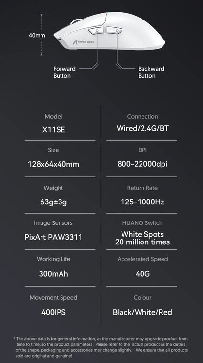 ATTACK SHARK X11 Wireless Gaming Mouse, 22K DPI PAW3311 Tri-Mode Gaming Mouse, Bluetooth 2.4G Wired RGB Lightweight Gaming Mouse