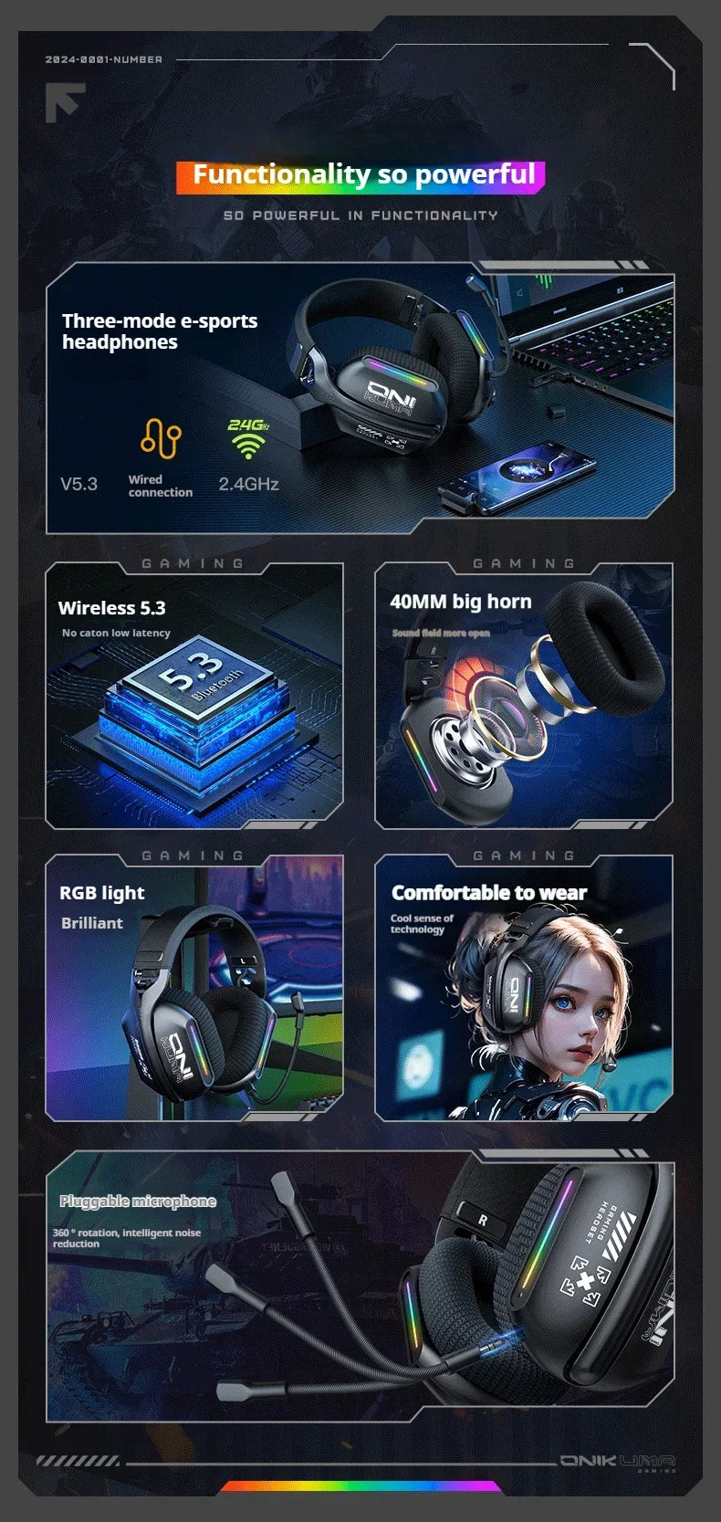 ONIKUMA GT808 Wireless Gaming Headset 2.4G/Bluetooth/Wired 3-Mode Over-Ear Gaming Headphones with Noise Cancelling Mic for PC PS4 PS5