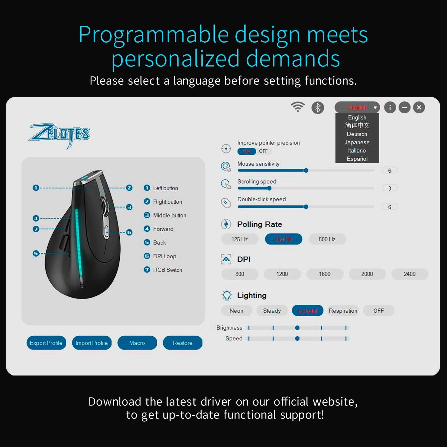 ZELOTES F36 Vertical Wireless Mouse Bluetooth Ergonomic Mouse, Rechargeable 2.4G Wireless Gaming Mouse, 2400 DPI Programmable Mouse for Laptop & PC