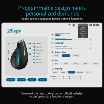 ZELOTES F36 Vertical Wireless Mouse Bluetooth Ergonomic Mouse, Rechargeable 2.4G Wireless Gaming Mouse, 2400 DPI Programmable Mouse for Laptop & PC
