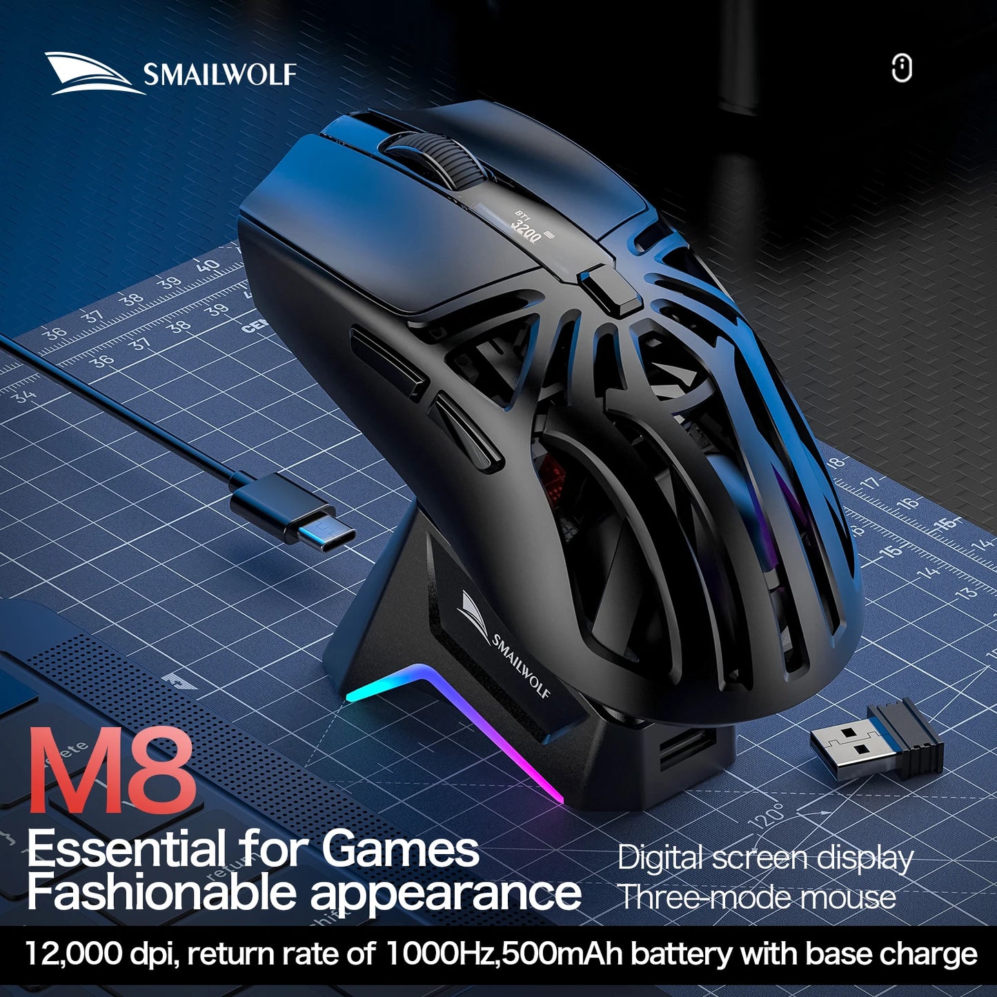 SMAILWOLF M8 Wireless Bluetooth Tri-Mode Gaming Mouse, 12000 DPI Lightweight RGB Gaming Mouse with PAW3311 Sensor, Magnetic Charging Dock