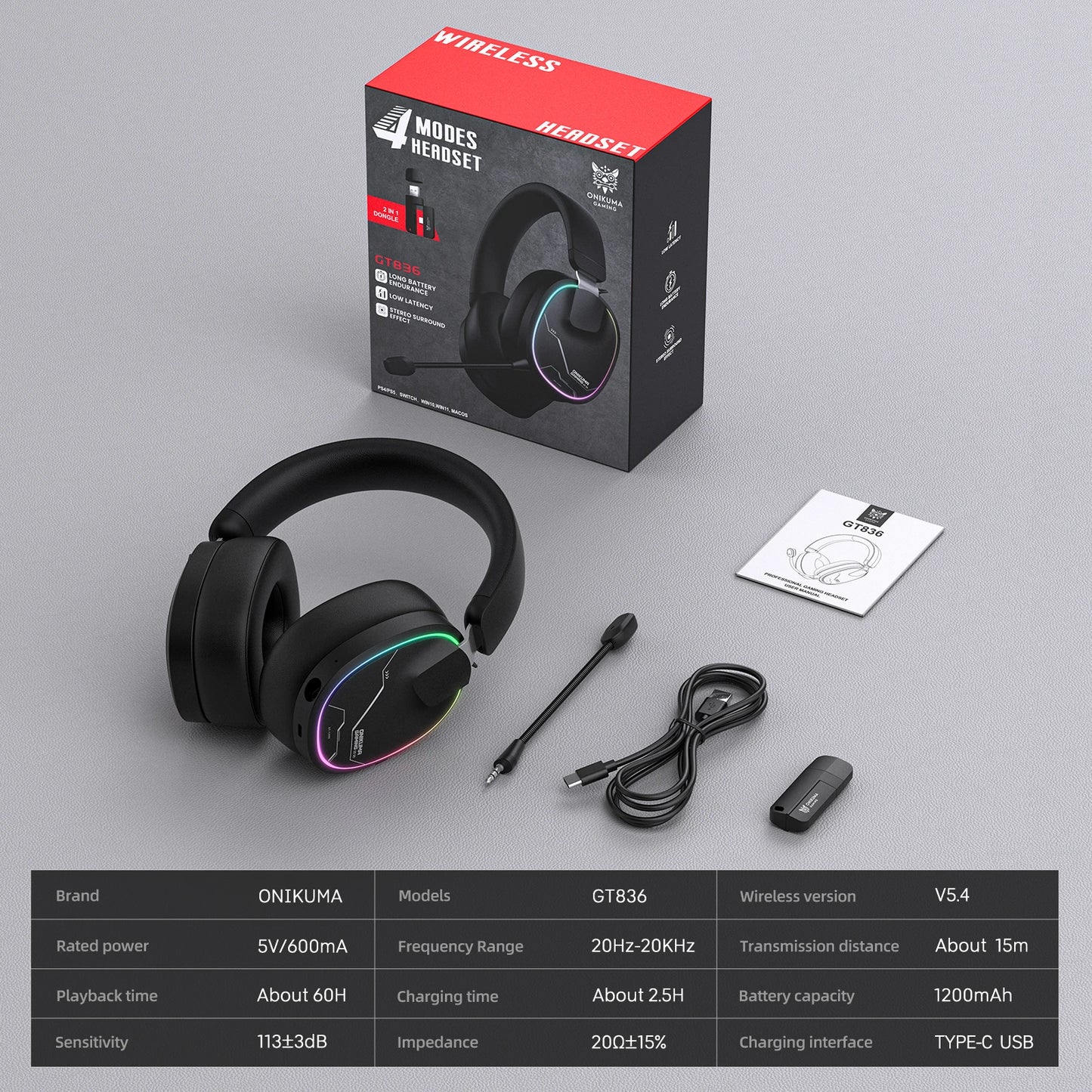 ONIKUMA GT808 Wireless Gaming Headset with 45dB Active Noise Cancelling, Hi-Res Audio, 2.4GHz, Bluetooth 5.3, Wired, 60H Battery for PC, PS5 & Switch