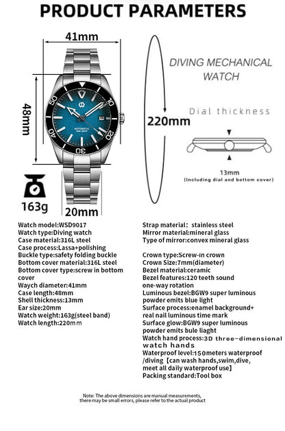 Upgraded Model Men's Automatic Watch Mechanical 3D Dimensional Luminous Watch Needle Ceramic Bezel 150 Meters Waterproof Diving
