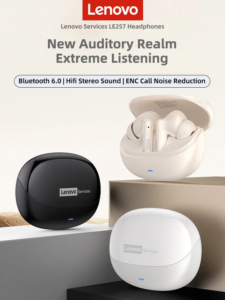 Lenovo LE257 TWS Wireless Bluetooth 6.0 Headphones with HiFi Sound, ENC Noise Reduction, Gaming Earbuds with Mic, Sports Waterproof Headset