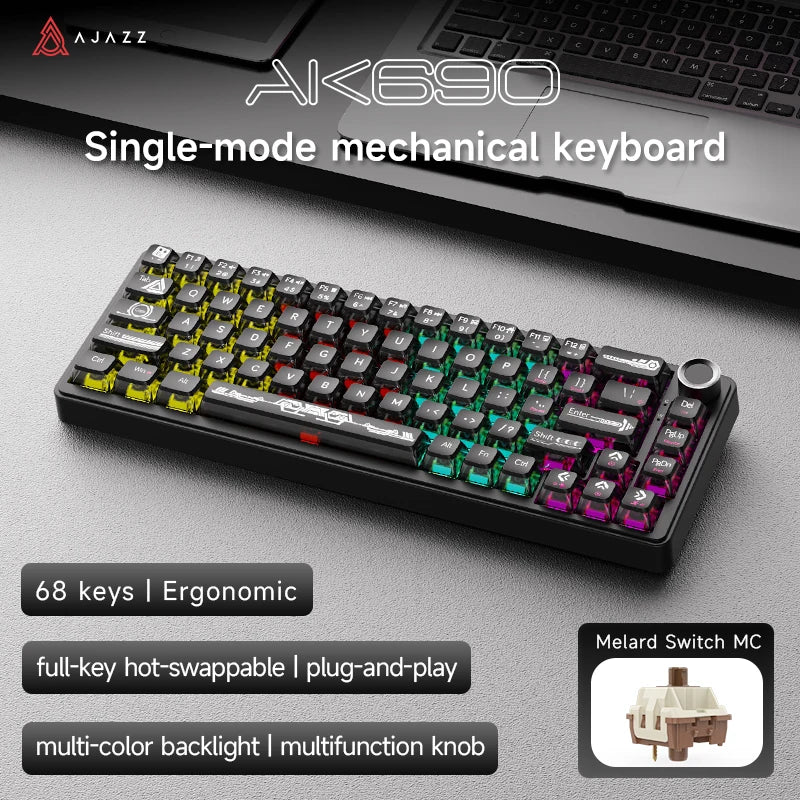AJAZZ AK690 Clavier mécanique à 65 %, toutes les touches remplaçables à chaud, filaire USB Plug-and-Play, rétroéclairage mixte, 68 touches, clavier gaming pour ordinateur portable et PC