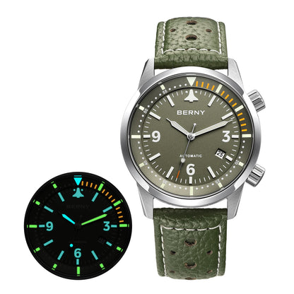 BERNY Men's Automatic Diver Watch Supper Luminous Sapphire AR Coated MlYOTA 8215 Leather Strap Mechanical Diving Watches for Men