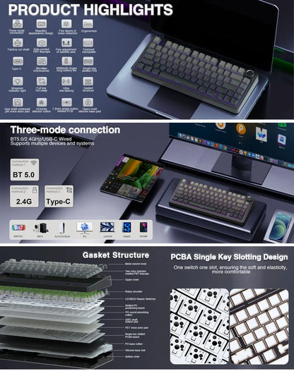 AULA F75 Game Mechanical Keyboard RGB Light 2.4G /BT5.0/Wired Tri-Mode Gasket Structure 75% Customized Gradient Grey Keyboard