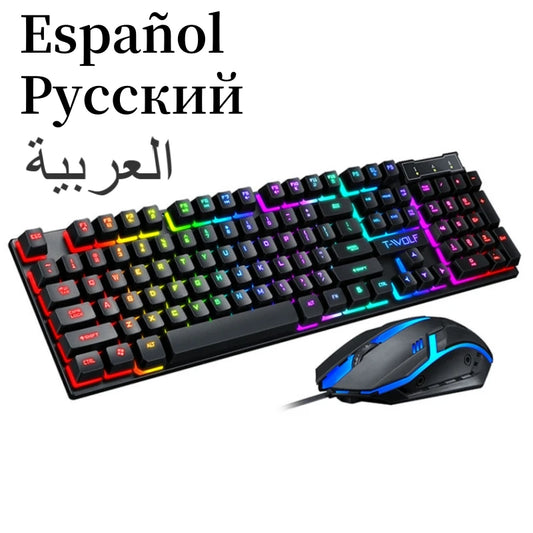 Spanish Keyboard with Spanish Layout Russian Arabic Keyboard Mouse Kit 100% Keyboard ISO Color Backlight Wired Gaming Office T20