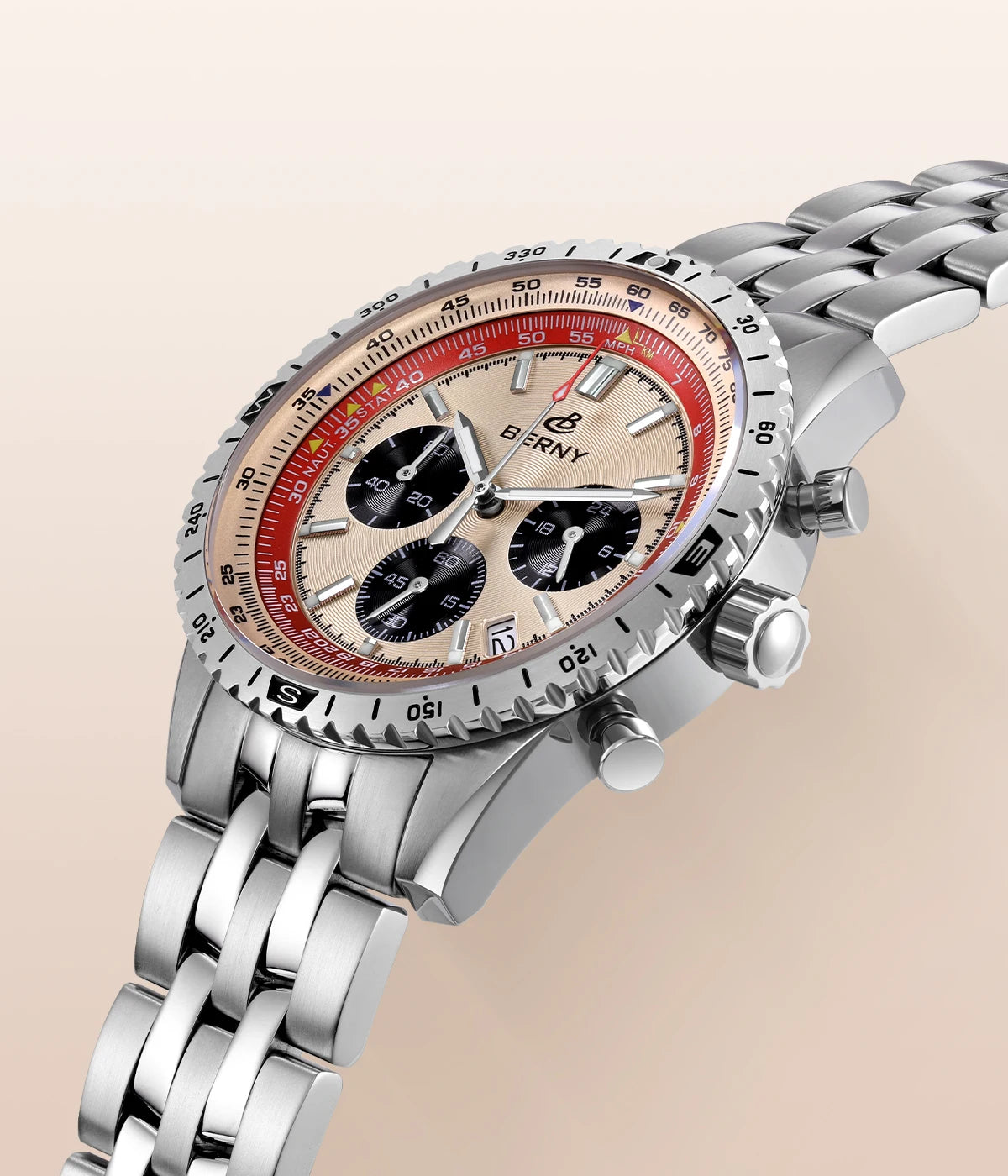 Męski zegarek chronograf BERNY – wielofunkcyjny zegarek kwarcowy w stylu lotniczym, wyposażony w datownik, szafirowe szkło i doskonałą luminescencję – luksusowy męski zegarek na rękę