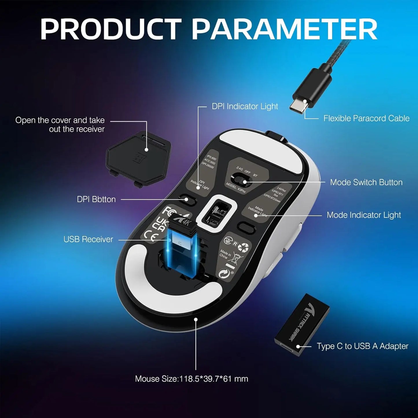 Attack Shark X3Pro bezdrôtová Bluetooth herná myš PixArt PAW3395 26000dpi optická myš s trojrežimovým pripojením a makrami