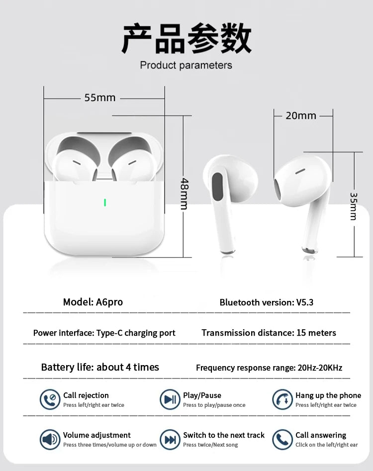 UEESFIT A6 TWS Wireless Bluetooth Earbuds with ANC, HiFi Stereo Sound, IPX5 Waterproof Sports Earphones, Touch Control Headphones with Mic
