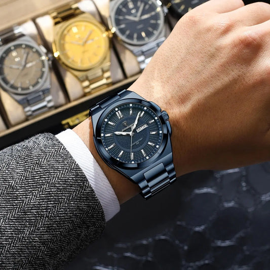 Montre-bracelet de luxe POEDAGAR Sport Original pour homme, à quartz, avec date et jour de semaine, étanche et lumineuse, en acier inoxydable.