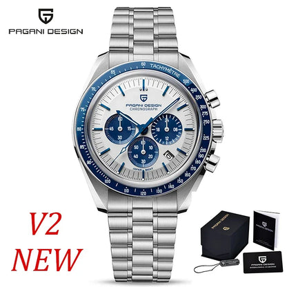 Zegarek męski PAGANI DESIGN „New Moon” – luksusowy zegarek kwarcowy, chronograf, szkło szafirowe z powłoką antyrefleksyjną, ceramiczna ramka, świecące wskazówki