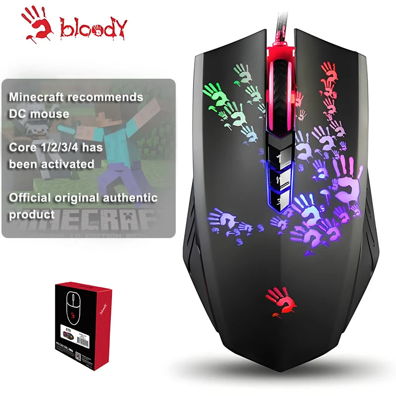 A4Tech Bloody A60 Gaming Mouse RGB Wired Mouse, 6200 CPI, 8 Programmable Macro Keys, Drag Click Gaming Mouse, 1000Hz Polling Rate