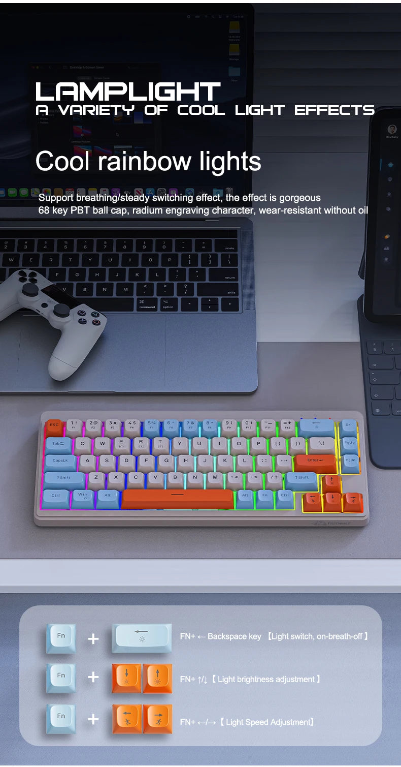FREEWOLF M68 68 Keys Wireless Keyboard Mouse Combo, PBT RGB Tri-Mode Bluetooth/2.4G/Wired Keyboard, Silent Keyboard Mouse Set