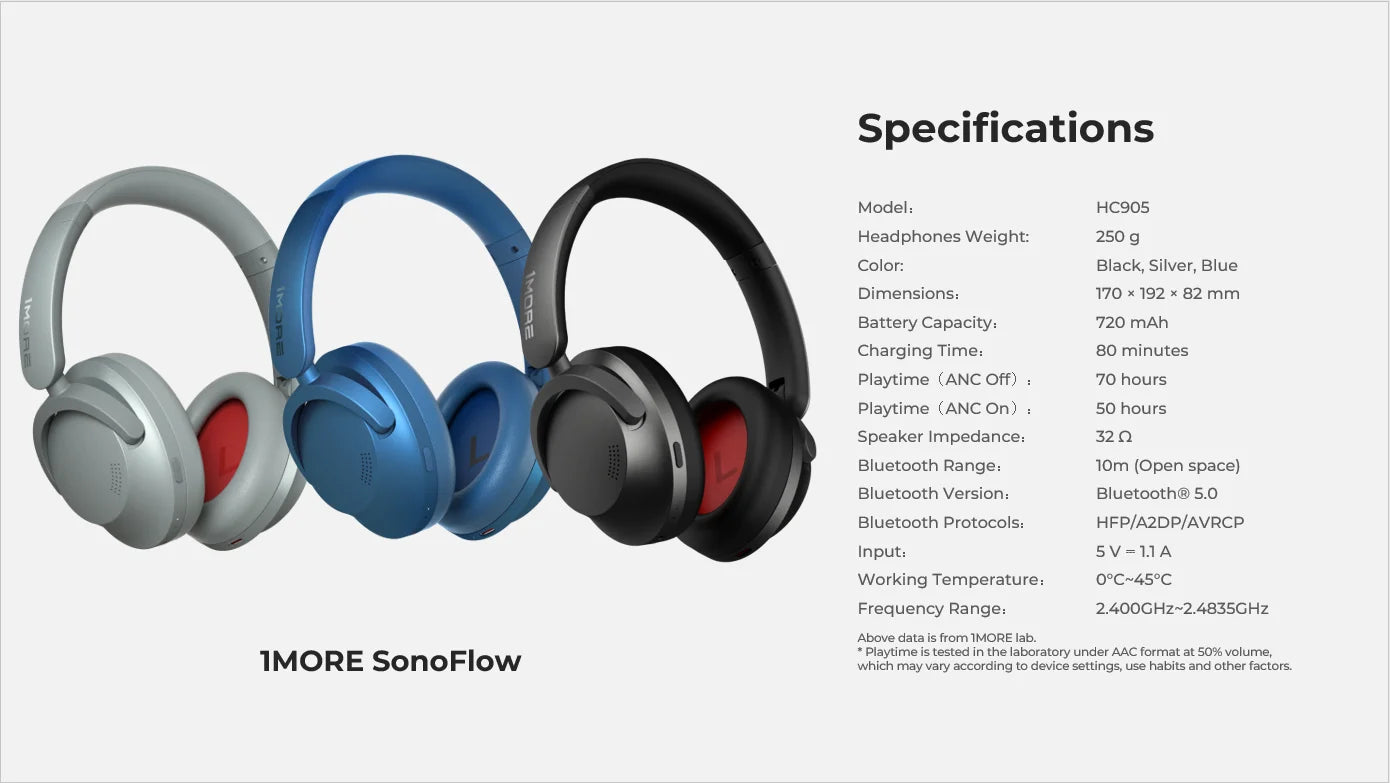 1MORE SonoFlow Active Noise Cancelling Headphones Wireless Bluetooth 5.0 HiFi Headset with 70H Playtime, LDAC Audio, Clear Calls & ANC Technology