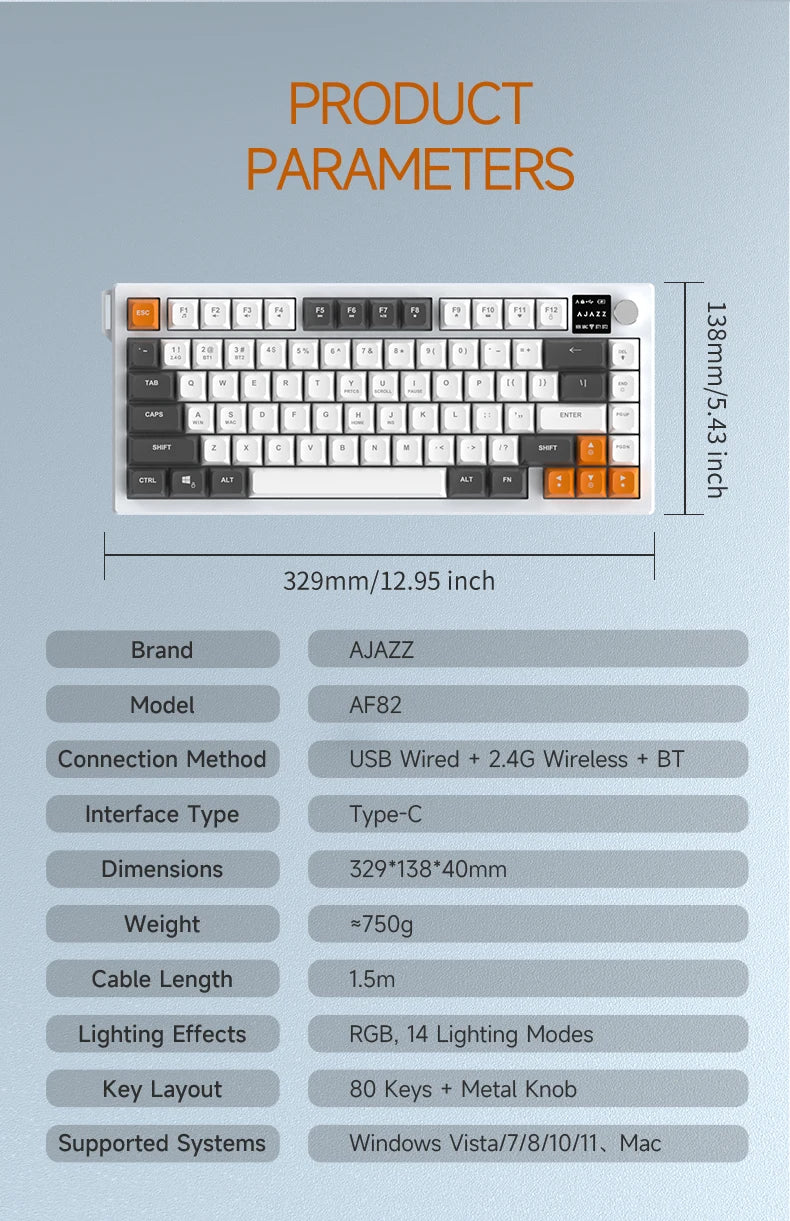 AJAZZ AF82 Low-Profile Electrostatic Keyboard Tri-Mode Wireless 75% Mechanical Gaming Keyboard with Display Screen, Hot-Swappable, 4000mAh Battery
