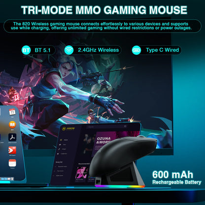 Rato Gaming Sem Fios SOLAKAKA SM820 Tri-mode Ultra-Leve, Dock Magnético Recarregável, RGB, PAW3311, 24000DPI, Macro Sem Fios