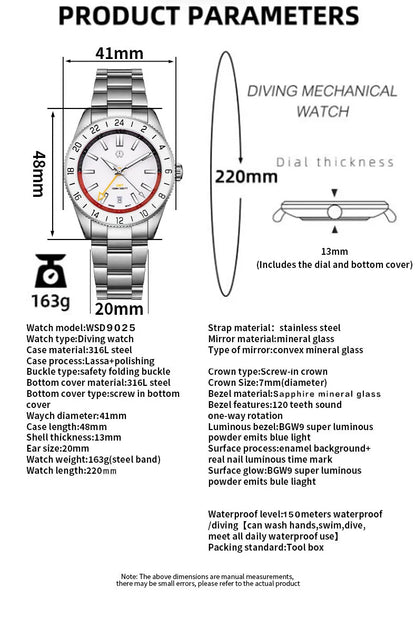 WSD9025 New man's Automatic Watch Quartz Swiss Movement BGW9 Luminous Bezel 4-Pin GMT 150 Meters Waterproof Diving