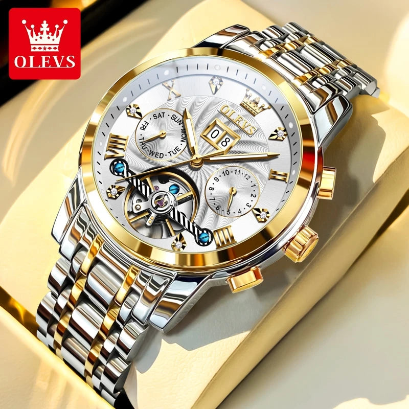 OLEVS 9910 Pánské hodinky Originální luxusní značka Vodotěsné Světélkující Automatické mechanické hodinky Hodinky s dvojitým kalendářem Krabička na hodinky Reloj