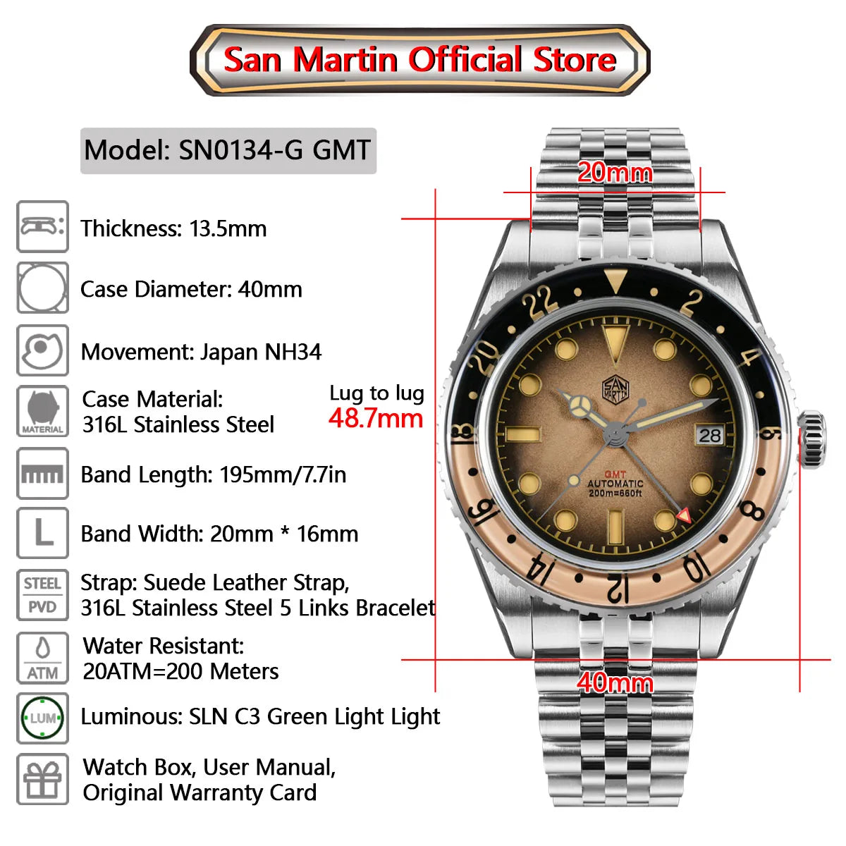 San Martin 2025 Men's Watches Retro NH34 GMT Sandwich Dial 40mm Bidirectional Sapphire Bezel Luxury Sports Watch 20Bar SN0134